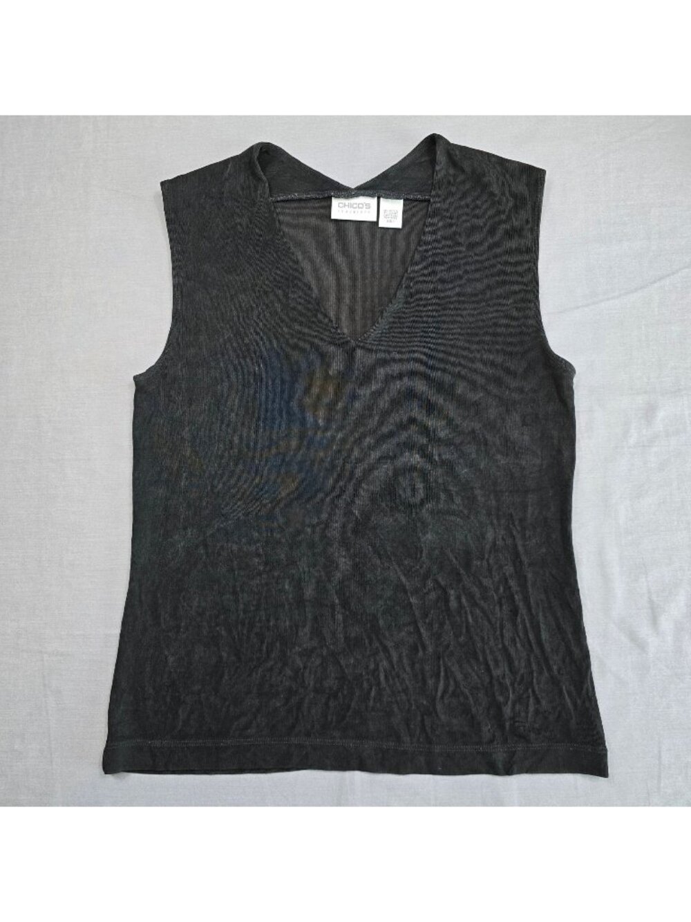 Chicos Size 1 Medium Womens Sleeveless Top Black Travelers V-Neck Stretch Shirt